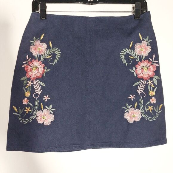 Mi Ami Women's Bohemian Floral  Embroidered 100% Cotton Navy Mini Skirt EUC - Picture 9 of 13